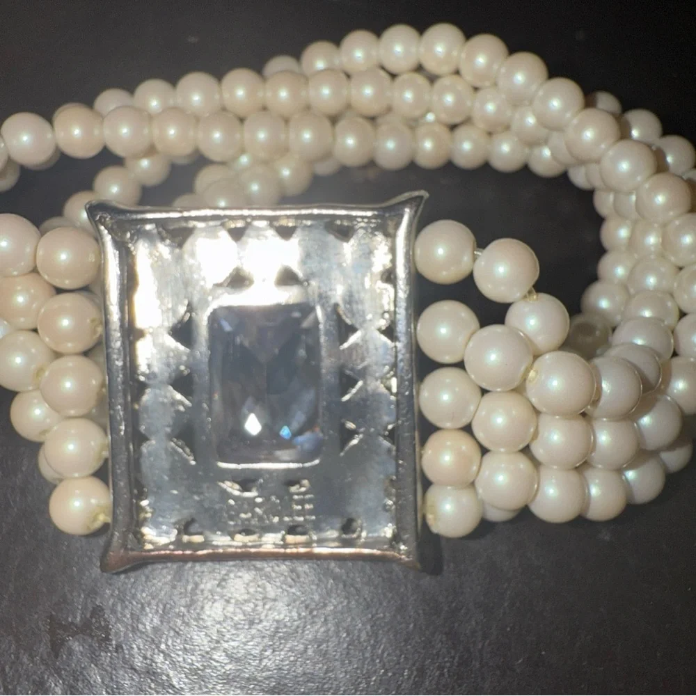 Carolee 5 Stranded Tiny Faux Pearl & Stone Stretch Bracelet- Silver Tone